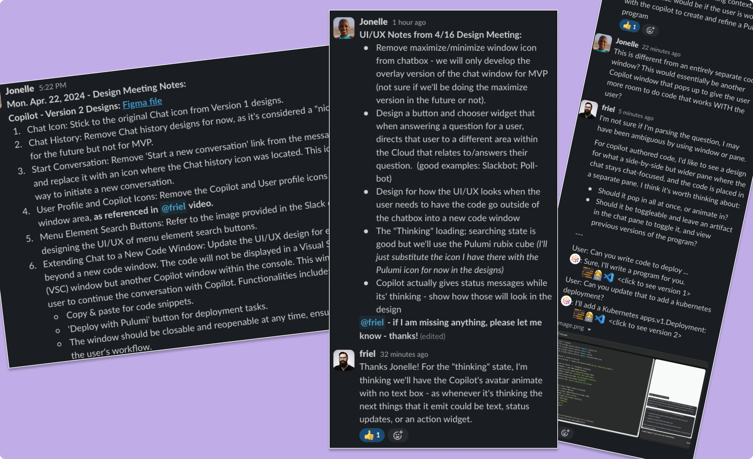 notes and conversations with team