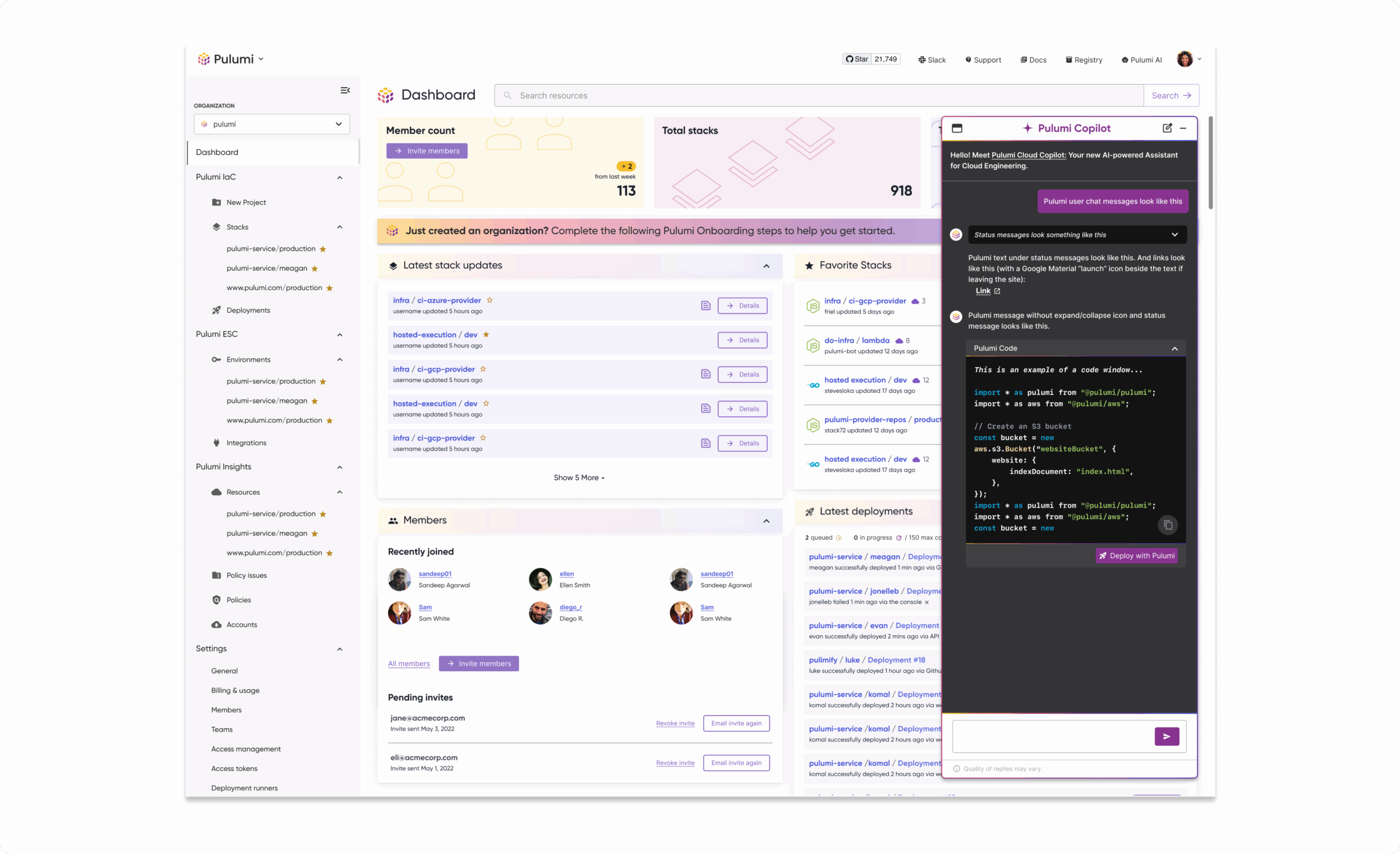 Pulumi Copilot - Dark within Pulumi Cloud interface