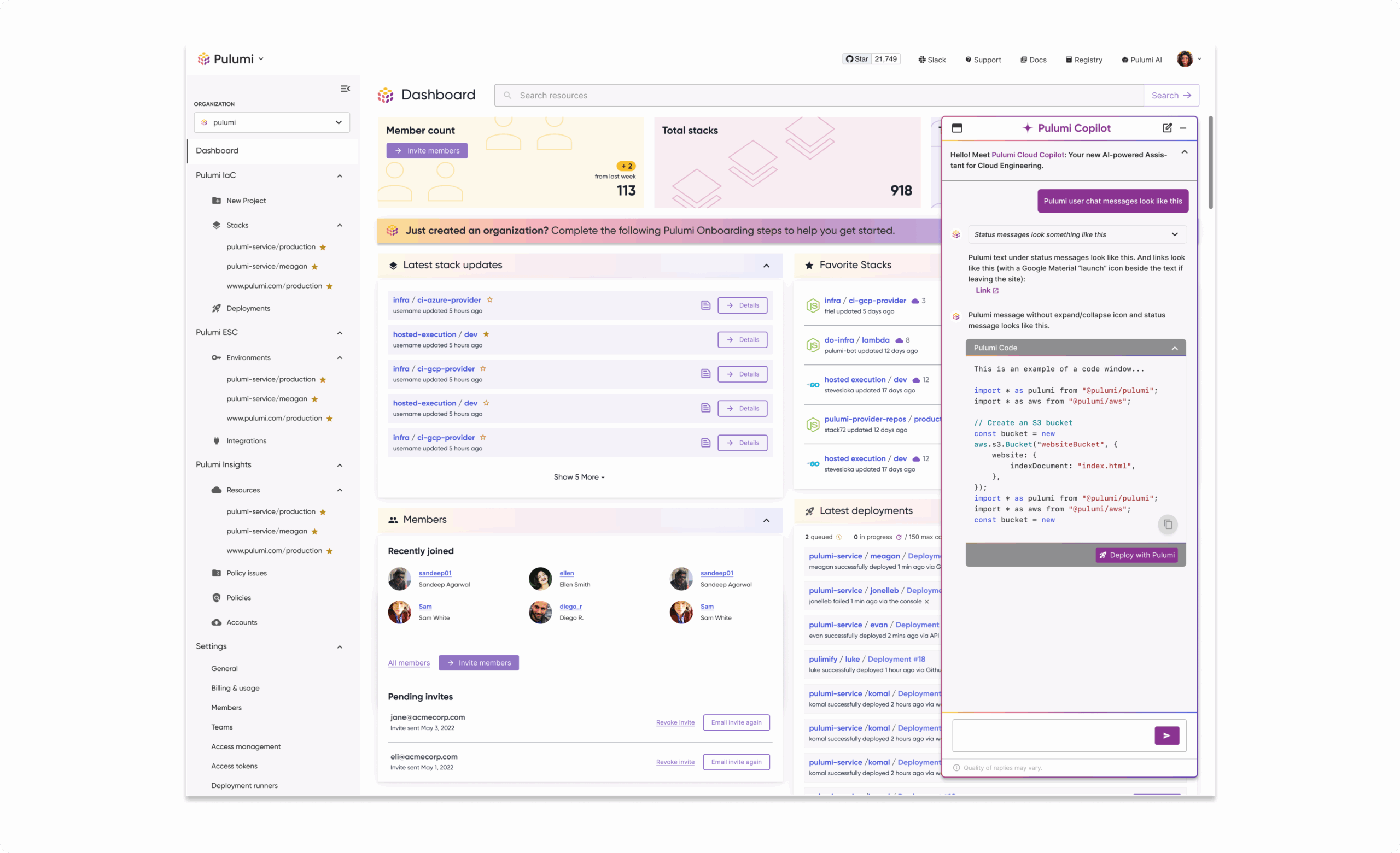 Pulumi Copilot - Light within the Pulumi Cloud interface